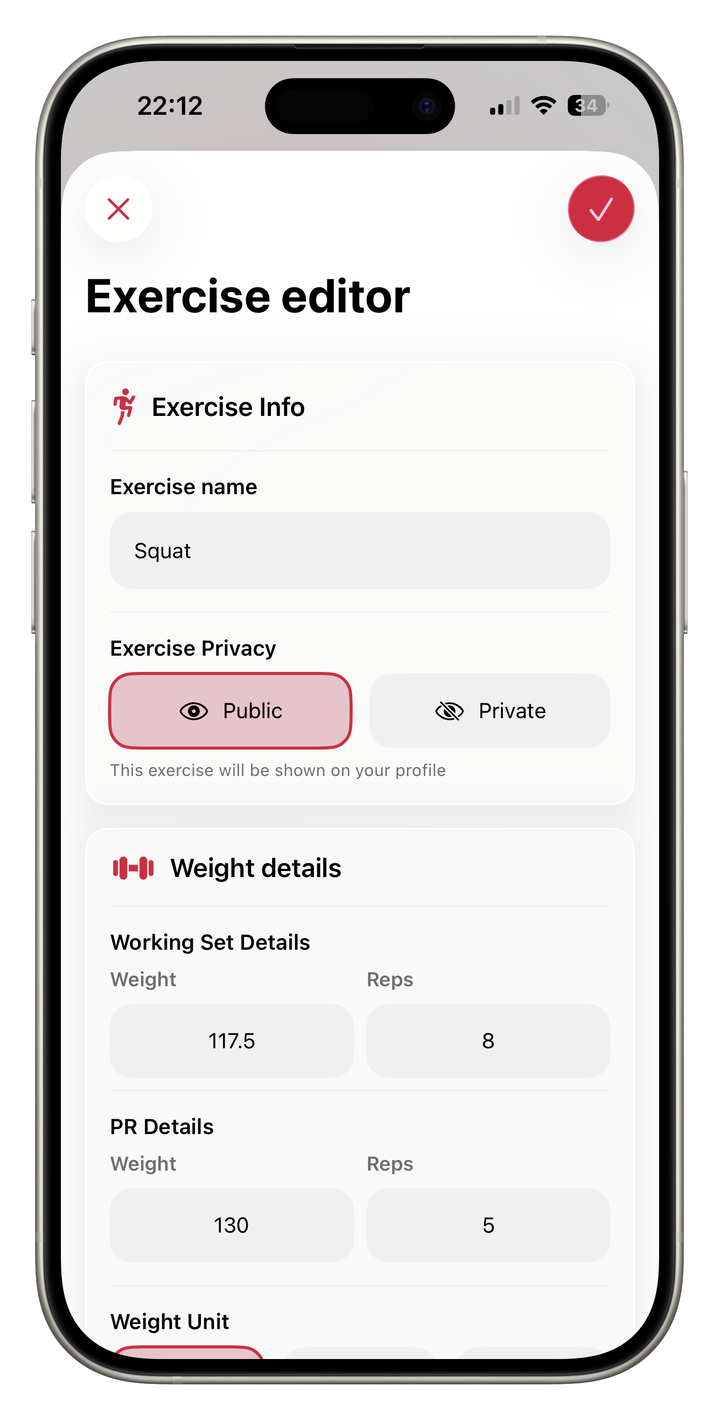 Exercise editor showing working sets, PRs, and notes