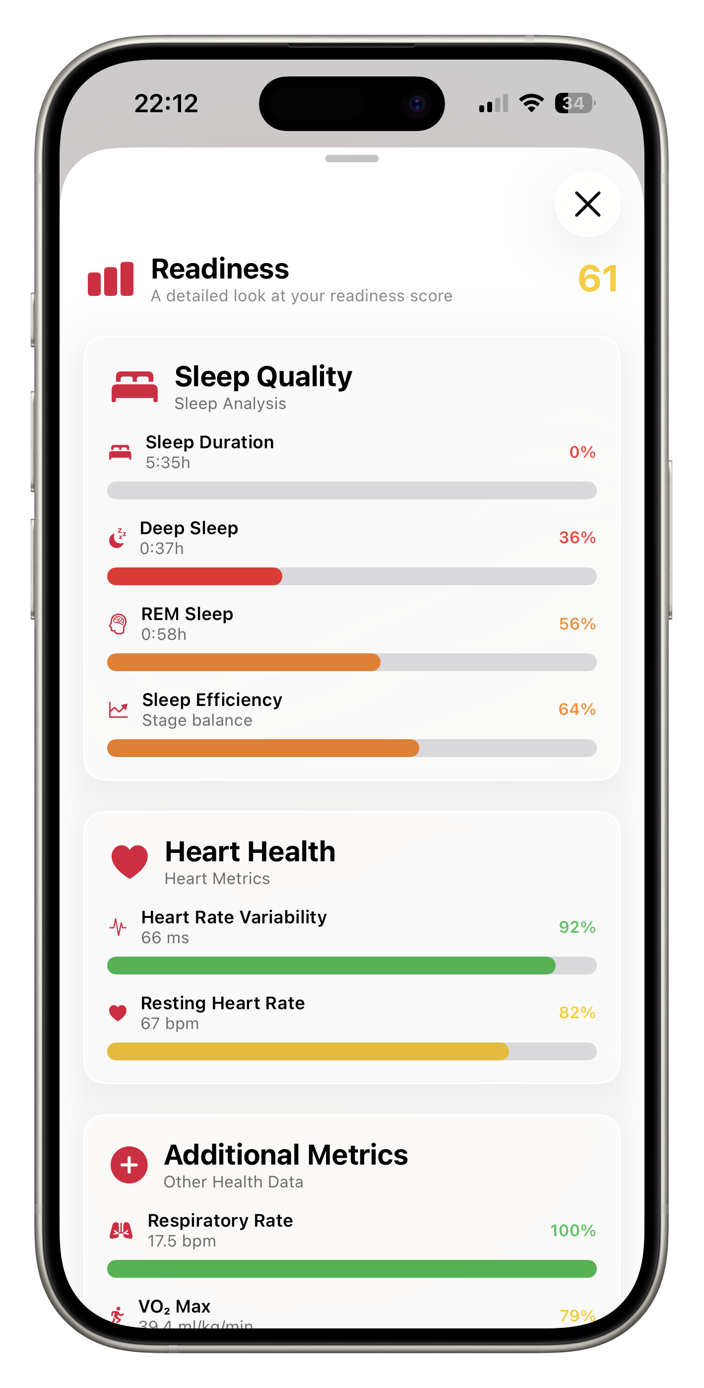 Readiness score interface with Apple Health integration