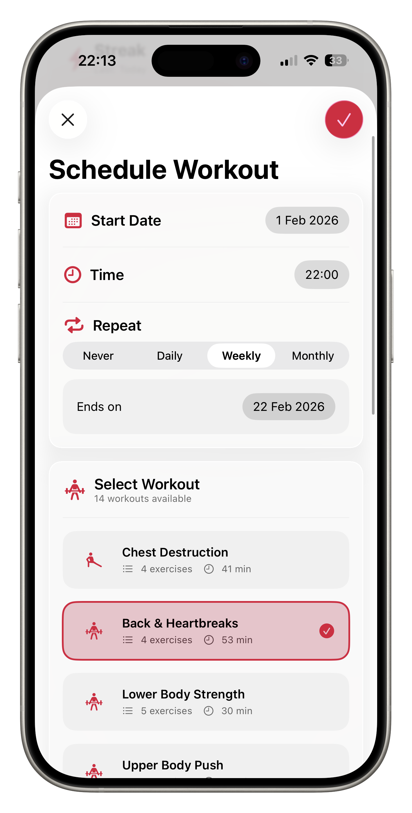 Workout scheduling and calendar sync interface
