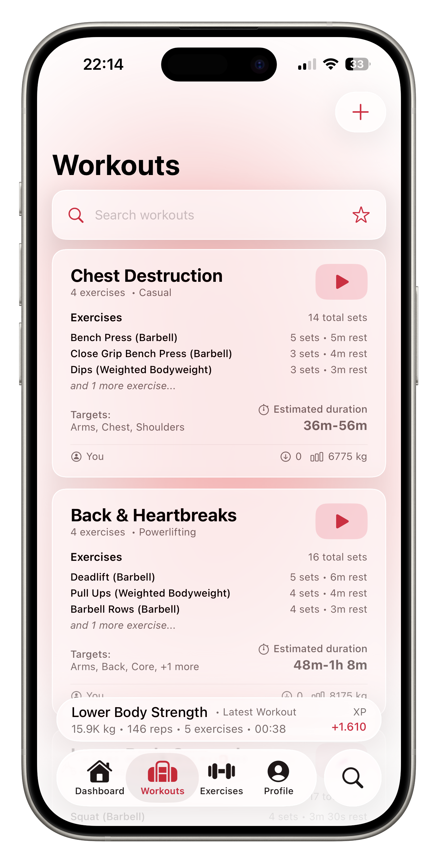 Workout tracking interface showing exercise history